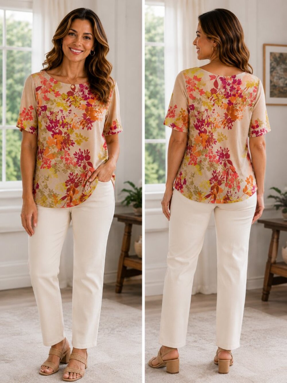 🌸 Susan Graver Floral Print Top Size L Tan Pink Orange Short Sleeve